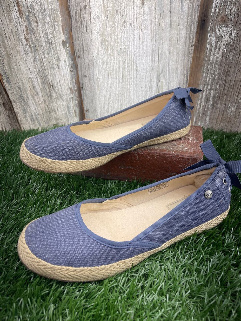 UGG Australia Indah Denim Canvas Espadrille Ballet Flats Ribbon Corset Women's 6